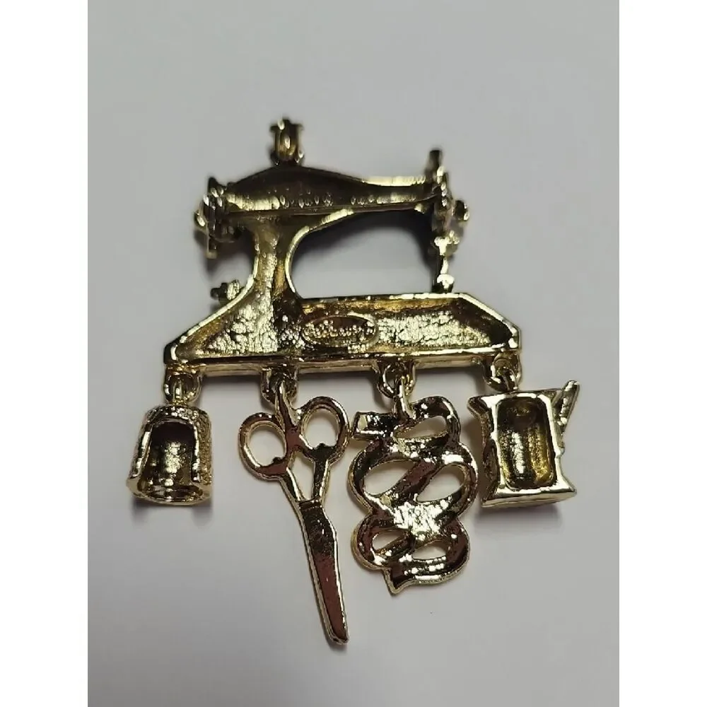 Vintage Danecraft Brooch Of A Vintage Sewing Machine with Dangling Charms